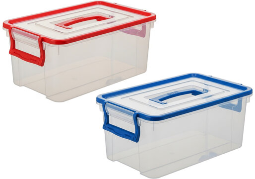 Two clear plastic storage boxes with red and blue lids