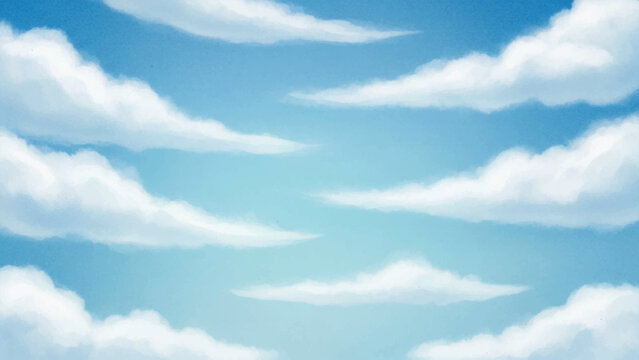 Soft white clouds floating in a bright blue sky, digital painting of a peaceful sunny atmosphere