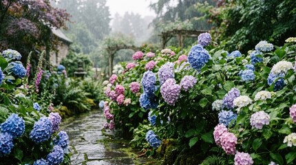 Obraz premium A lush garden is overflowing with vibrant hydrangeas in shades of blue, pink, and purple.