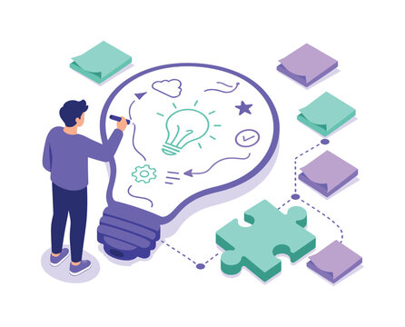 Man drawing a lightbulb with ideas and puzzle pieces connecting to sticky notes
