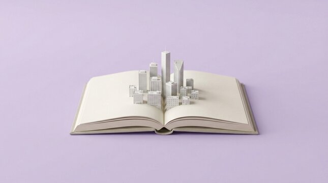 White miniature paper city inside open book on purple background urban planning and knowledge concept 3d render