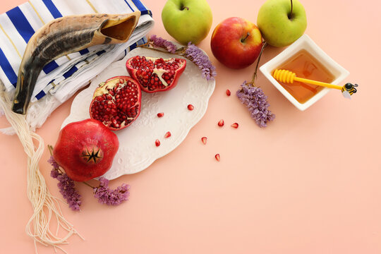 Rosh hashanah (jewish New Year holiday) concept. Traditional symbols