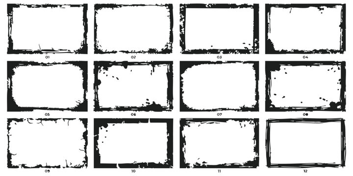 Set of twelve black rectangle frames with rough grunge edges and distressed texture for creative photo borders
