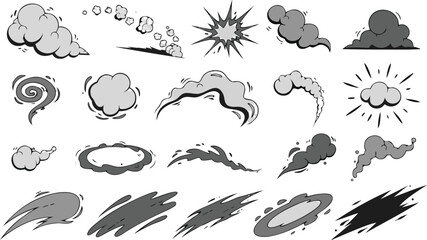 Comic book smoke effects set with gray clouds explosion sparks and motion trails for action scenes and manga graphics © Sadhin07