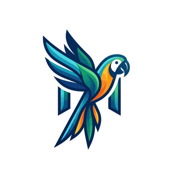 Vibrant stylized macaw parrot logo design with geometric letter M integration.