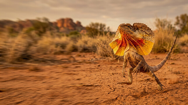 A frilled lizard stands on hind legs in a desert landscape with blurred background and dramatic lighting