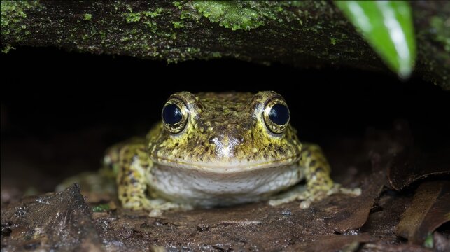 Moss covered amphibian with large curious eyes peeking from dark shadowed forest habitat