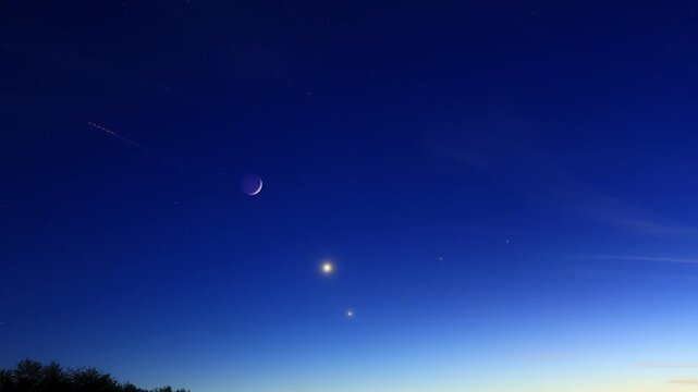 Crescent Moon, planet conjunction and landscape scenery silhouettes. Time-lapse video.