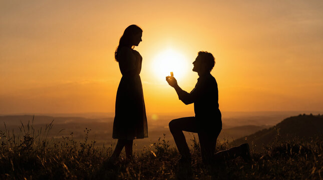 Silhouette of a man proposing to his partner during a breathtaking sunset on a scenic hill. Romantic engagement moment with dramatic golden light and copy space.