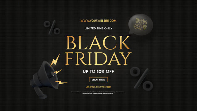 Black Friday Sale Banner with Gold Text and 3D Megaphone