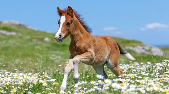Playful palomino foal in energetic bounds through a sun-drenched field of wildflowers