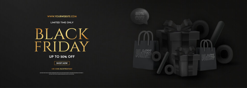 Luxury Black Friday Banner with 3D Gifts and Gold Typography