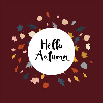Hello Autumn seasonal card design with handwritten typography inside circular white frame surrounded by falling autumn leaves on deep burgundy background