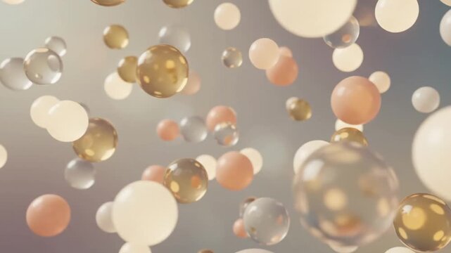 Abstract 3D render of floating golden, peach and transparent bubbles on soft gradient background