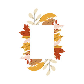 Clean rectangular white frame enclosed by a lush cluster of cozy autumn leaves on white background. Modern botanical copy space template for seasonal invitations