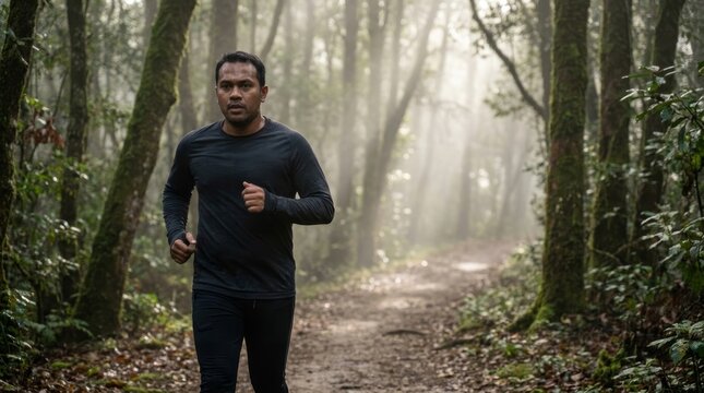 Runner jogging on a serene misty forest trail at early morning dawn