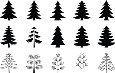 Obraz premium Collection of Evergreen Pine Tree Silhouettes and Outline Icons Isolated for Forest Nature Design and Creative Projects