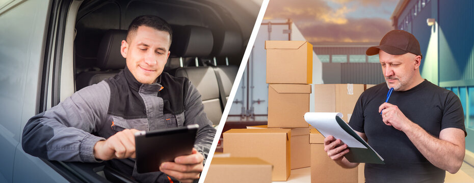 Logistics and delivery. Courier manages digital deliveries with a tablet while warehouse worker checks shipment documents, supporting parcel distribution and supply chain operations.