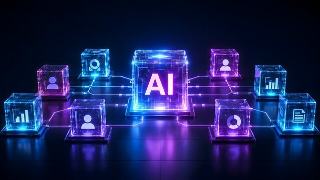 Artificial intelligence central glowing cube connecting to digital business icons in futuristic neural network representing machine learning and data processing