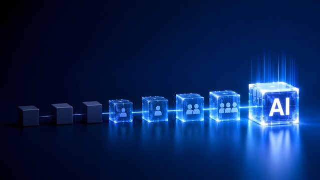 Growing sequence of digital blocks leading to glowing artificial intelligence cube representing AI adoption and technological evolution in business