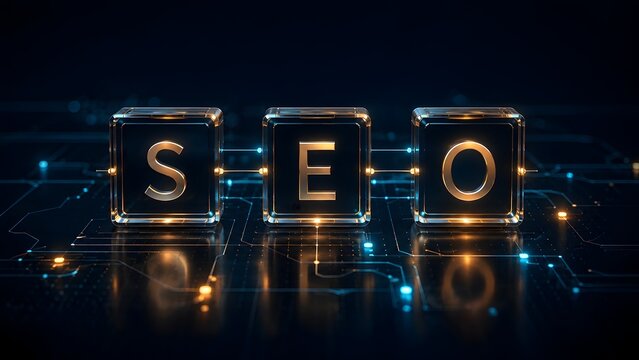 Glowing SEO letters on glass cubes over digital circuit board representing search engine optimization and digital marketing strategy