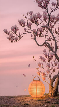 Beautiful orange paper lantern sitting under a blooming tree at sunset in spring