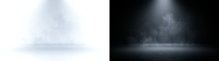 Fototapeta premium Wide blue spotlight through dense fog on an empty stage, on transparent background