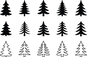Obraz premium Set of Evergreen Pine Tree Silhouettes and Outline Icons Isolated for Nature Design and Woodland Graphic Projects