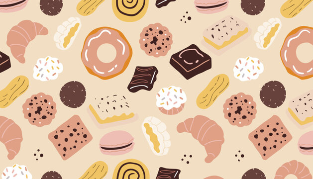 Seamless pattern with various sweet desserts including donuts cookies chocolate bars croissants and cakes on beige base