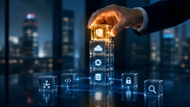 Businessman hand placing security shield cube on technology stack representing corporate cybersecurity cloud database protection and IT infrastructure strategy