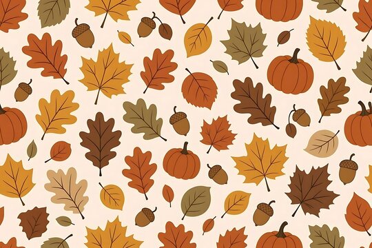 Seamless vector pattern of falling autumn leaves, acorns, and pumpkins. Minimalist fall aesthetic background in warm earth tones for paper craft and packaging.