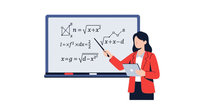 Female Teacher or Professor Presenting Complex Mathematical Formulas and Equations on a Whiteboard Illustration