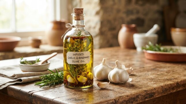 A rustic bottle of infused garlic and rosemary olive oil sits on a wooden table in a cozy kitchen.