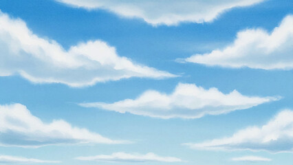 Painted blue sky with soft white clouds, artistic mural style background, with horizontal cloud © VxGFX