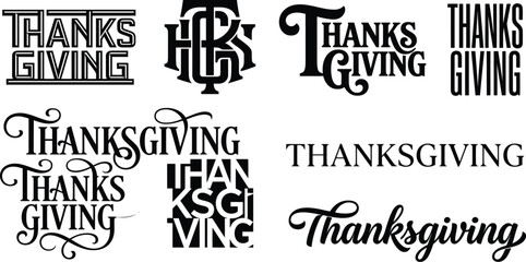 Obraz premium Thanksgiving typography collection. Set of holiday lettering and festive text designs. A collection of various Thanksgiving typography and lettering styles.