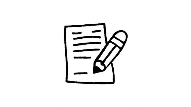 Animated 4K writing on paper doodle icon. White hand drawn line art on black and green screen backgrounds for note taking, document edit, pencil writing, contract signature, and plan edits.