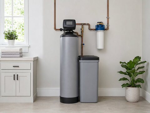 Home water softener system in clean utility room