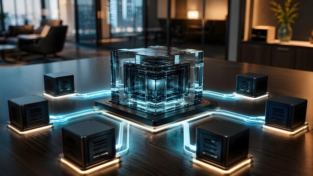 Glass cube processor on office desk with glowing blue network connections representing smart enterprise technology and corporate digital infrastructure