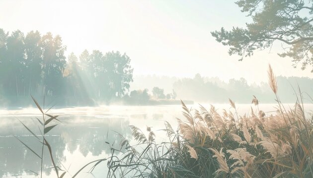 Serene Morning Lake - Mist, Reeds, and Reflections in a Tranquil Landscape.