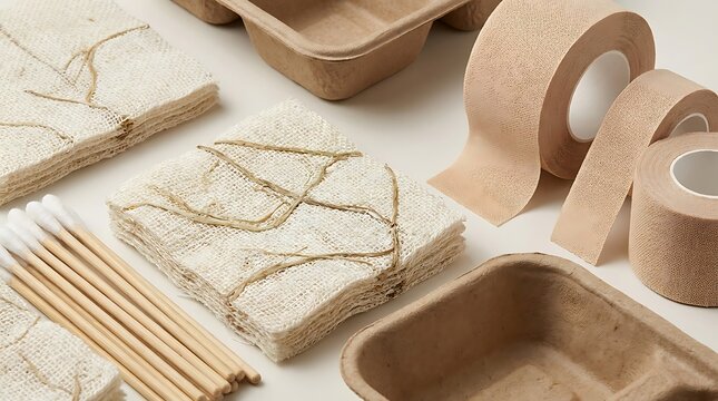 Eco friendly packaging materials with brown paper tape trays and pencils for sustainable shipping supplies. biodegradable healthcare items