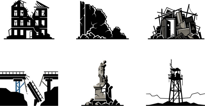 Disaster and Earthquake Damage Icon Set Featuring Collapsed Buildings, Rubble, Broken Bridge, Ruins, Monument Destruction, and Structural Failure Symbols