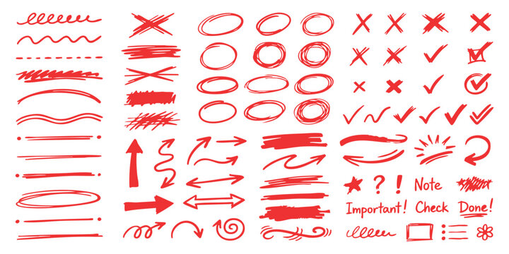Set of hand drawn red markers circles arrows lines and check marks for highlighting text and documents