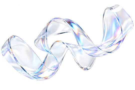 Iridescent transparent glass ribbon wave flowing on white background