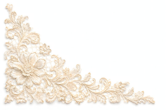 Ivory embroidered lace floral corner border with white copy space