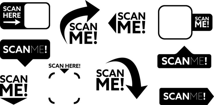 Set of black and white SCAN ME and SCAN HERE icons, call-to-action stickers, and directional arrow frames designed for QR codes, barcodes and digital scanning labels, vector illustration