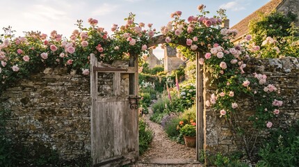 Obraz premium Rustic Wooden Garden Gate with Pink Climbing Roses on Stone Wall Cottage Entrance