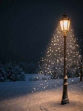 Glowing vintage street lamp illuminates snow covered park at night with magical sparkling lights and frosted trees in winter scene