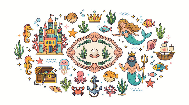 A colorful collection featuring mythical sea creatures along with sunken treasures and ocean inhabitants arranged gracefully around a central decorative frame to create an enchanting aquatic