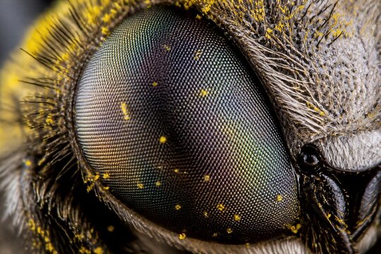 Insect compound eye macro close up showing pollen and texture