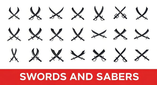 Large Collection of Crossed Swords and Sabers Icons Set, Medieval Weapon Silhouettes for Logo and Graphic Design